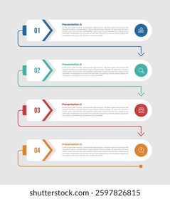 4 stage infographic diagram with round rectangle box with arrow accessories with 4 step for slide presentation vector