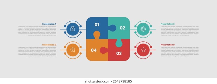 4 stage infographic diagram with round square puzzle with circle pointer list with 4 step for slide presentation vector
