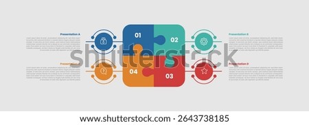 4 stage infographic diagram with round square puzzle with circle pointer list with 4 step for slide presentation vector