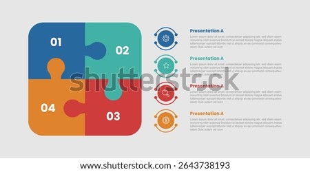 4 stage infographic diagram with round square puzzle jigsaw with stacked circle list with 4 step for slide presentation vector