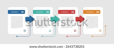 4 stage infographic diagram with round box table with arrow on right direction with 4 step for slide presentation vector