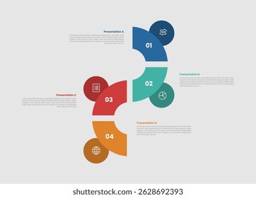 4 stage infographic diagram with wave line left and right vertical standing with 4 step for slide presentation vector