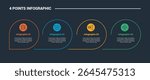 4 stage infographic process diagram with curves open circle on horizontal direction with dark background bright outline style vector
