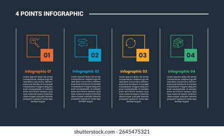 Diagrama de processo infográfico de 4 estágios com coluna de bloco vertical com separador de linha com fundo escuro vetor de estilo de contorno brilhante