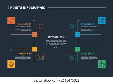 4 stage infographic process diagram with corners shape angles with dark background bright outline style vector