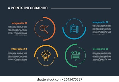 4-stufiges infografisches Prozessdiagramm mit Kreis auf Quadrat Zyklus mit dunklem Hintergrund heller Umriss Stil Vektor