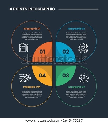 4 stage infographic process diagram with big circle pie chart with dark background bright outline style vector
