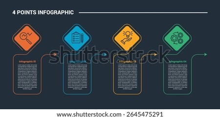4 stage infographic process diagram with diamond with arrow pointer direction with dark background bright outline style vector