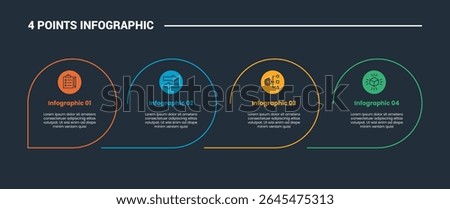 4 stage infographic process diagram with curves open circle on horizontal direction with dark background bright outline style vector