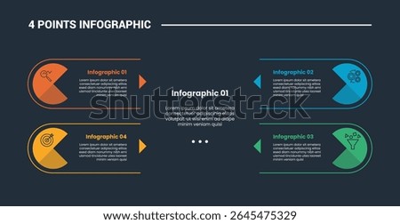 4 stage infographic process diagram with circle pie chart cut with dark background bright outline style vector