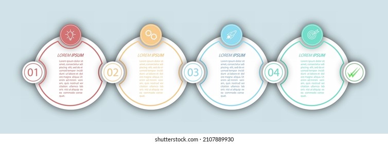 4 stages of development, improvement or training. Infographics with visual action icons for business, finance, project, plan or marketing. Flat vector style