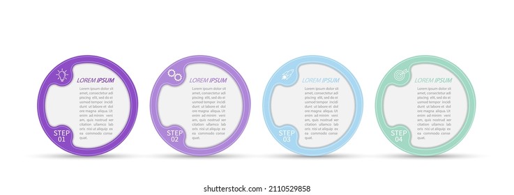 4 stages of development, improvement or training. Infographics with visual action icons for business, finance, project, plan or marketing. Flat vector style