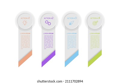 4 stages of development, improvement or training. Infographics with visual action icons for business, finance, project, plan or marketing. Flat vector style