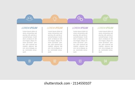 4 Stufen der Entwicklung, Verbesserung oder Ausbildung. Infografiken mit visuellen Action-Symbolen für Unternehmen, Finanzen, Projekt, Plan oder Marketing. Flacher Vektorstil