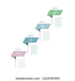 4 stages of development, improvement or training. Infographics with visual action icons for business, finance, project, plan or marketing. Flat vector style