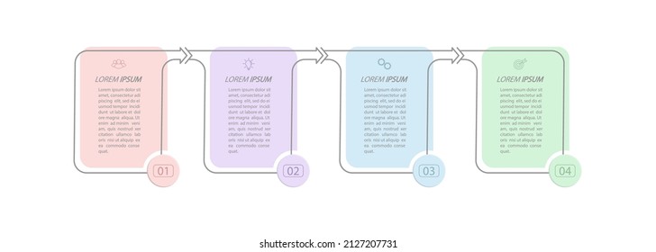 4 stages of development, improvement or training. Infographics with visual action icons for business, finance, project, plan or marketing. Flat vector style