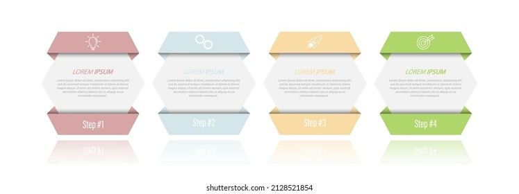 4 Stufen der Entwicklung, Verbesserung oder Ausbildung. Infografiken mit visuellen Action-Symbolen für Unternehmen, Finanzen, Projekt, Plan oder Marketing. Flacher Vektorstil