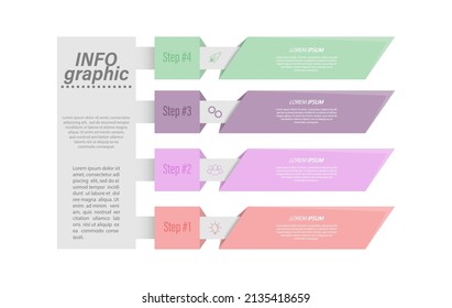 4 Stufen der Entwicklung, Verbesserung oder Ausbildung. Infografiken mit visuellen Action-Symbolen für Unternehmen, Finanzen, Projekt, Plan oder Marketing. Flacher Vektorstil