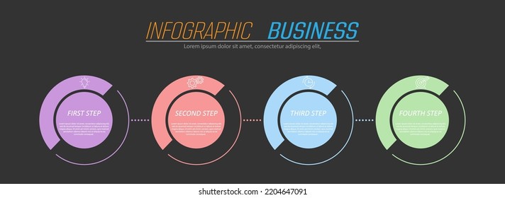 4 stages of development, improvement or training. Infographics with visual action icons for business, finance, project, plan or marketing. Flat vector style