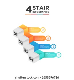 4 Treppenstufen Zeitstrahl Infografik Element. Geschäftskonzept mit vier Optionen und Anzahl, Schritten oder Prozessen. Visualisierung von Daten. Vektorillustration.
