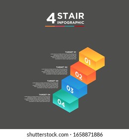 4 stair step timeline infographic element. Business concept with four options and number, steps or processes. data visualization. Vector illustration. isolated black background