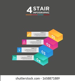 Elemento infográfico de la línea de tiempo de 4 escalones. Concepto de negocio con cuatro opciones y número, pasos o procesos. visualización de datos. Ilustración vectorial. fondo negro aislado