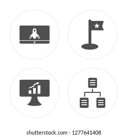 4 Startup, Screen, Flag, Networking modern icons on round shapes, vector illustration, eps10, trendy icon set.