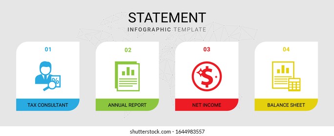 4 Statement Filled Icons Set Isolated On Infographic Template. Icons Set With Tax Consultant, Annual Report, Net Income, Balance Sheet Icons.
