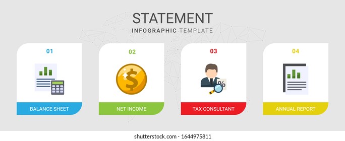 4 Statement Flat Icons Set Isolated On Infographic Template. Icons Set With Balance Sheet, Net Income, Tax Consultant, Annual Report Icons.