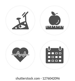 4 Stationary bike, Heart, Apple, Calendar modern icons on round shapes, vector illustration, eps10, trendy icon set.