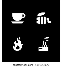4 steam icons in vector set. exhaust pipe, industrial building with contaminants, coffe cup outline and heat illustration for web and graphic design