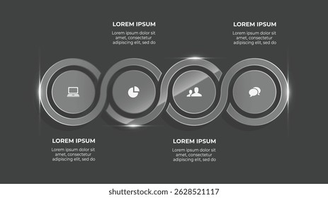 4 Etapa Efeito de vidro 3D Linha do tempo do infográfico de negócios com fundo abstrato, fluxo de dados e gráfico de processo