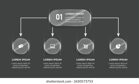 4 Step 3D Glass Effect Business Timeline Infographic with Clean Abstract Data Flow and Process Chart