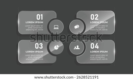 4 Step 3D Glass Effect Business Infographic with Technology Icons, Arrows, and Modern Layout Design