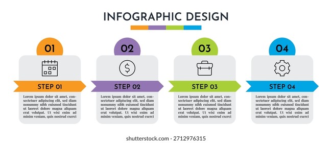 Diseño gráfico de información de cinta de flecha de 4 pasos con secciones coloridas e iconos de línea, Ilustración vectorial de diseño Abstractas de proceso de negocio moderno