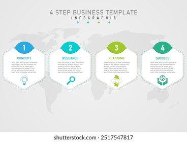 4 step business planning infographic template A white hexagon in the center places the letters, below are multi-colored icons, a multi-colored circle above has a number in the center.