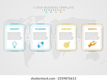 4 step business planning infographic template white square and dotted line middle text  Below are multi-colored icons. background map