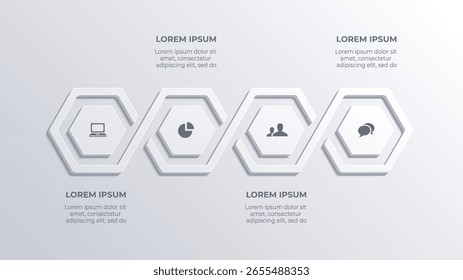 Infografía de proceso de negocio de 4 pasos, diagrama de flujo de datos 3D Abstractas sobre fondo blanco