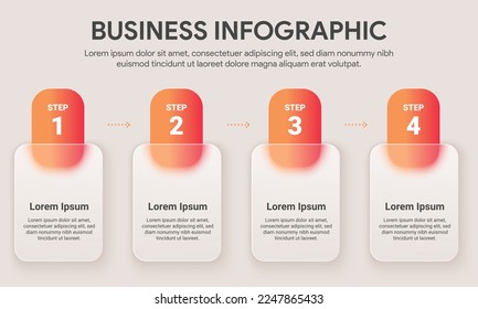 infografías de la línea de tiempo del proceso de negocios de 4 pasos. Efecto morfismo de forma de la curva de forma rectangular naranja. Ilustración vectorial.