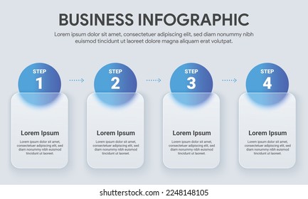 4 step business process timeline infographics. Blue Circle curve shape glass morphism effect. Vector illustration.