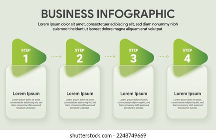 4 step business process timeline infographics. Green triangle curve shape glass morphism effect. Vector illustration.