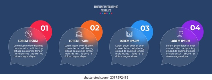 infografía de la línea de tiempo del proceso de negocios de 4 pasos, efecto morfismo de vidrio. Ilustración vectorial.