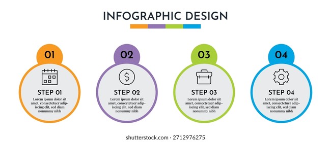 Plantilla de diseño gráfico de información circular de 4 pasos con círculos coloridos e iconos de línea, ilustración de diseño Abstractas de proceso de negocio moderno