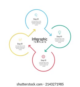 plantilla de infografía circular de 4 pasos con elementos comunes con títulos y descripción, diseño infográfico colorido con flecha apuntando hacia el otro diseño EPS 10