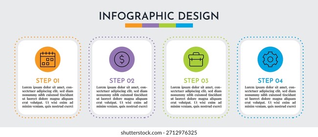 Plantilla de diseño de gráficos de información de contorno punteado de 4 pasos con círculos coloridos e íconos de línea, diseño de Vector Abstractas de proceso empresarial moderno