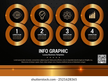 4 Step Flow Chart Infographic Template in Black and Gold, Luxurious Design for Data Visualization, Business Presentations, Corporate Reports, and Abstract Backgrounds