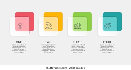 Infografía de proceso de negocio de Glassmorphism de 4 pasos para estrategia y planificación. Presentación, Anuncio, Folleto y Desarrollo. Ilustración vectorial.