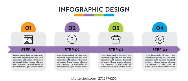 Diseño de línea de tiempo de gráficos de información de cinta de flecha Horizontal de 4 pasos con secciones coloridas e íconos de línea, diseño de Vector Abstractas de procesos comerciales modernos