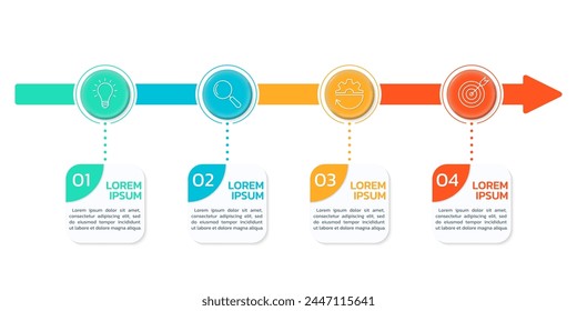 Diseño gráfico de información de 4 pasos. Diagrama de línea de tiempo, infografía de gráfico con iconos y flecha. Presentación de negocios, Plantilla de diseño de procesos. Ilustración vectorial.