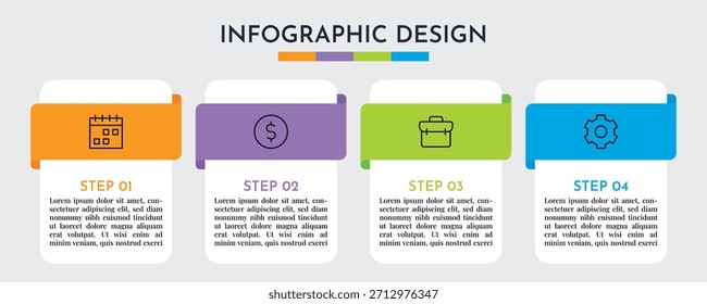 Plantilla gráfica de diseño de rectángulo de estilo de cinta de 4 pasos con encabezados e iconos de línea coloridos, Ilustración vectorial de diseño Abstractas de proceso de negocio moderno